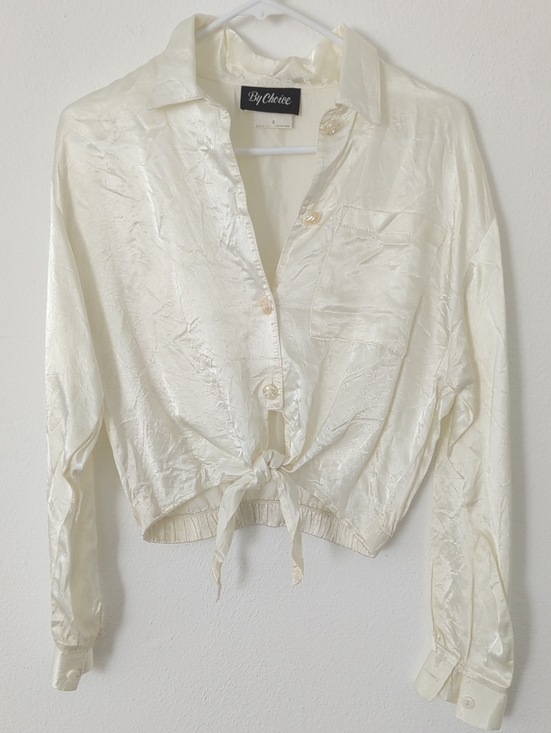 By Choice Tops - Vintage Ivory Tie-Front Crinkle Satin Button-Up Top